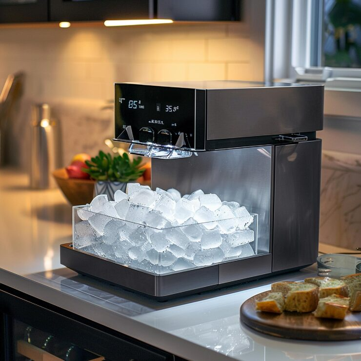 Sleek ice maker on modern kitchen counter with filled ice drawer, digital display, and bread plate nearby