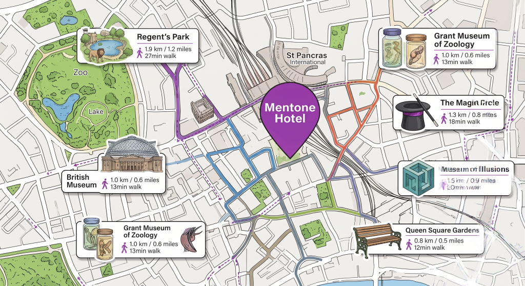 Map of attractions near Mentone Hotel, London, including British Museum and Regent's Park, with walking distances