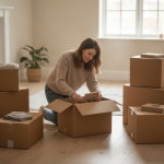 Woman packing belongings into cardboard boxes in a cosy living room setting for moving house or organisation purposes