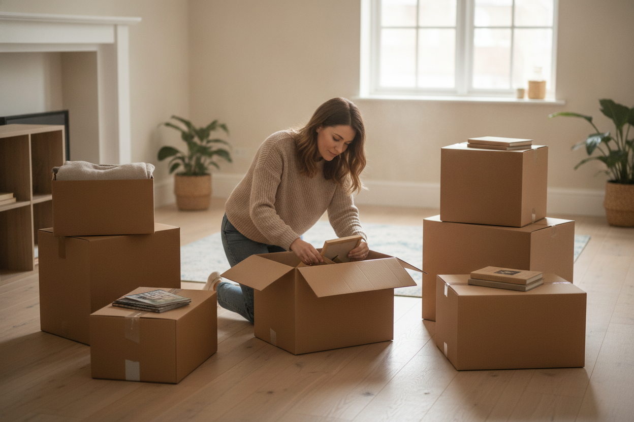 Woman packing belongings into cardboard boxes in a cosy living room setting for moving house or organisation purposes